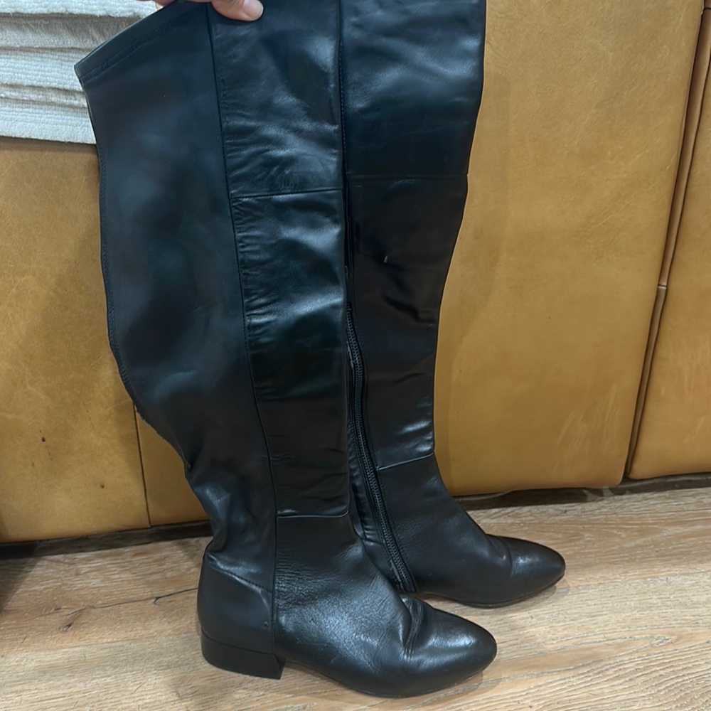 Joie black leather knee-high boots with side zip, 1” heel, gorgeous!